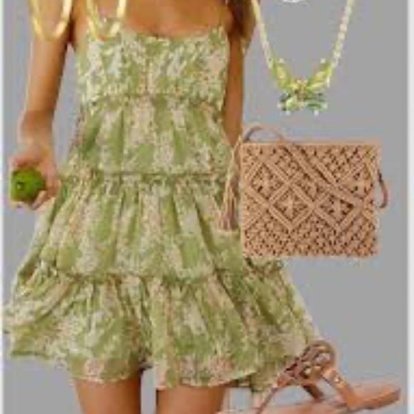Floral Green Babydoll Dress Y2K Fairy - Picture 2 of 5